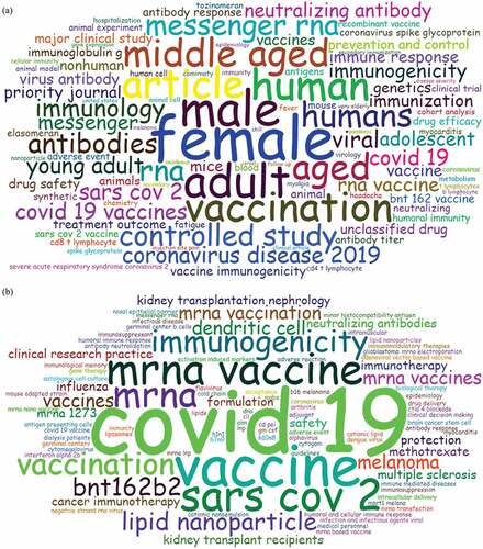 Figure 5. Visualization text analysis results with Word Clouds summarizing the top 100 most commonly mRNA Keywords plus provided by Journal (a), and Author’s Keywords (b).