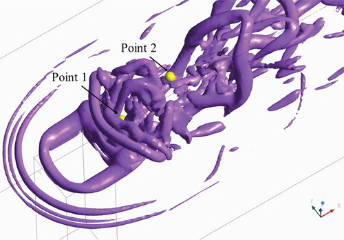 Figure 15. The vortex visualization by Rortex method and the monitoring points at BR = 0.5.