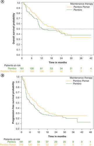 Figure 3. Overall survival (A) and progression-free survival (B) among inverse probability of treatment weighting patients in continuation pembrolizumab cohort who received and did not receive maintenance pemetrexed. Pembro: Pembrolizumab; Pemet: Pemetrexed.