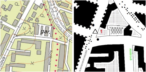 Figure 3. The elimination of loop at the end of tram line (1). Left: the Base map of the Czech Republic 1:10,000; right: generated tactile map.