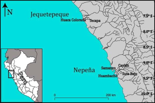Figure 1. The coastline of northern Peru, including archaeological sites of the Jequetepeque and Nepeña Valleys mentioned in the text.