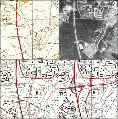 Figure 5. The location of the Hiironen pet cemetery on basic maps and aerial photograph of (a) 1965, (b) 1971, (c) 1981 and (d) 1989. Map and photo source: National Land Survey of Finland. License: CC BY 4.0.