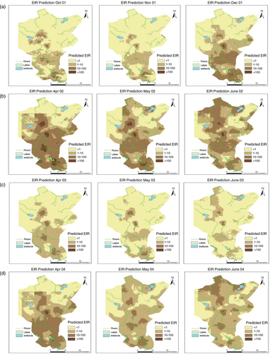 Fig. 2 Selected EIR maps showing the spatial distribution and the seasonal pattern, for the period of Oct 2001–Sept 2004. (A) Dry months followed by the period of short rains, (B) Months immediately after the onset of heavy rains during the first year (very wet), (C) Months immediately after the onset of heavy rains during the second year (dry) and (D) Months immediately after the onset of heavy rain season during the third year (normal rains).
