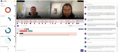 Figure 1. Ovida session viewer showing data (left), key moments (below video player) and transcript (right). Those pictured have given permission for image to be used and were not participants in this study.