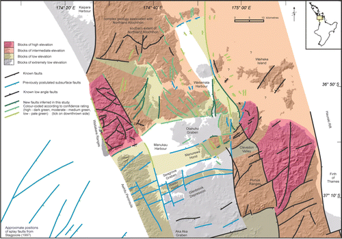 Figure 7  Block elevation map indicating relative heights of the Waitematā Group erosion surface, developed from Fig. 6 and borehole data. Faults taken from Fig. 6 (see Fig. 6 key for more details).