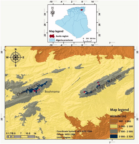 Figure 1.  Geographic location of Chelia and Ouled Yagoub mountains range and the sampling stations.