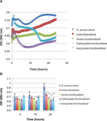 Figure 3 The effect of each type of SPION on S. aureus over the course of 24 hours with optical density measurements taken every 4 minutes. A) Raw data and B) select time periods of 3, 10, and 24 hours. Results of this experiment showed that the best SPION for treating S. aureus biofilm growth was SPION functionalized with carboxylate as well as iscoyanate. Data represent mean ± SEM, n = 3 with *P < 0.1 indicating statistical significance compared to S. aureus alone and **P < 0.1 indicating statistical significance compared to controls.Notes: Results of this experiment showed that the best SPION for treating S. aureus biofilm growth was SPION functionalized with carboxylate as well as iscoyanate. Data represent mean ± SEM, n = 3 with *P < 0.1 indicating statistical significance compared to S. aureus alone and **P < 0.1 indicating statistical significance compared to controls (unfunctionalized).Abbreviation: Unfunctionalized OD, optical density; SEM, Standard error of the mean.