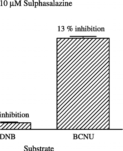 Figure 3 The effects of 10 μM sulphasalazine (a) and 50 μM (b) indomethacin on GST M1-1 activity with CDNB and BCNU as substrates. CDNB data are means + SD of quadruplicate experiments each performed 3 times. BCNU data are the means +S.D. of duplicate experiments.