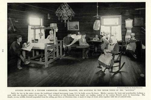 Image 3. ‘Evening hours in a Finnish farmhouse – reading, weaving and knitting to the minor tones of the “kantele”’. Photograph: Aarne Pietinen/Suomen-Matkat. (A11, 528).