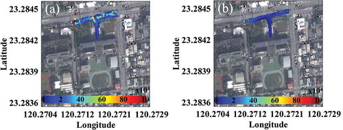 Figure 10. Spatial analysis of PM0.1 count concentrations (a) before and (b) after the restriction of vehicle idling operation.