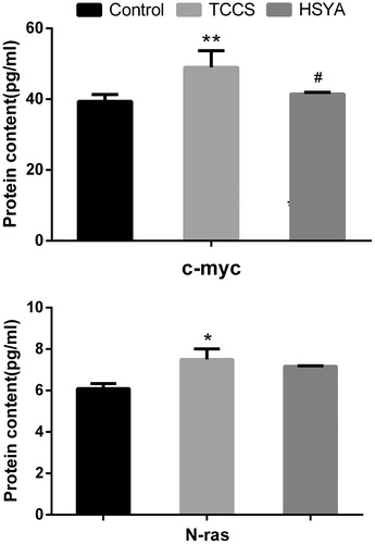 Figure 7. Content in cell lysates of c-myc and N-ras in the tumour cell culture supernatant-induced HUVEC. Note: compared with the control group, *p < 0.05; compared with the TCCS group, #p < 0.05.