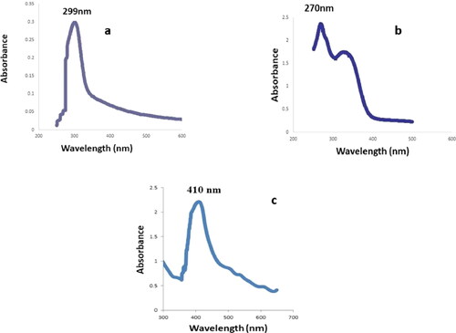 Figure 3. UV–Visible absorption spectra of (a) AgNO3, (b) leaf extract, (c) AgNPs.