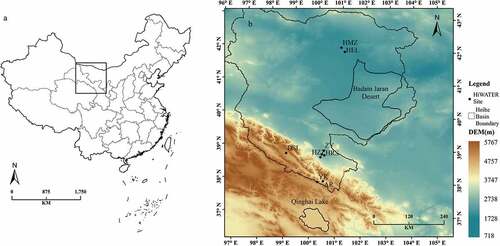 Figure 1. Map of the study area. Left panel shows the geographical location of the study area. Right panel shows a digital elevation model (DEM, m) overlaid with the measurement locations (points) and Heihe river basin boundary (dotted polygons). The nine black dots indicate ground-based LST measurement site from HiWATER.