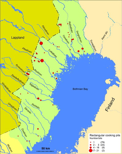 Figure 3. Distribution of rectangular cooking pits within the study area. The coastline is set to 10 m above the present sea level corresponding to c. AD 1000.