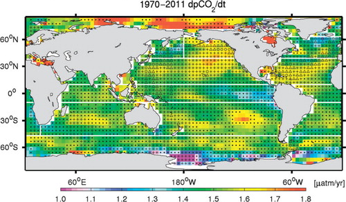 Fig. 10 Map illustrating the spatial and temporal observational coverage on top of model-mean pCO2 trend for the 1970–2011 period. The grid cells with (·), (+), (Δ), and (°) indicate that there are 1–10, 11–50, 51–100, and more than 100 monthly pCO2 observations, respectively.