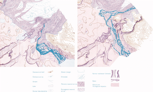 Figure 1. Extracts from the 1948 (left) and 1963 (right) maps of the Casement Glacier foreland, showing the development of the esker network from debris-covered glacier ice and the drastic changes in the proglacial drainage channels (from Petrie & Price Citation1966). A high quality version of this map is available online at: http:///www.informaworld.com/RSGJ