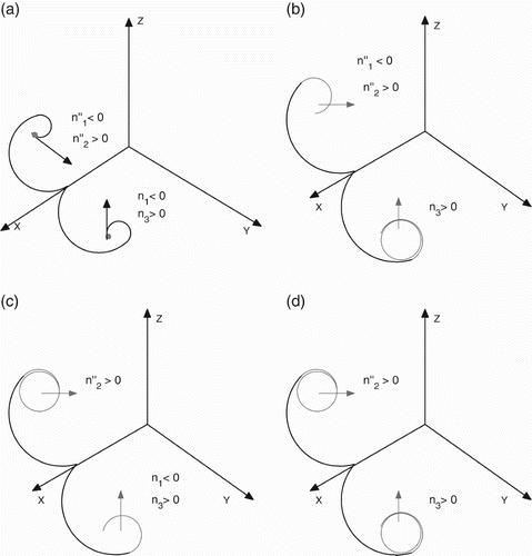 Figure 2. Dynamics of the three-dimensional subsystem in the absence of the middle predator w. (a) No periodic solutions in x y- and x z-planes; (b) no periodic solutions in the x z-plane, but periodic solution in the x y-plane; (b) no periodic solutions in the x y-plane, but periodic solution in the x z-plane and (c) periodic solutions in both x y- and x z-planes.