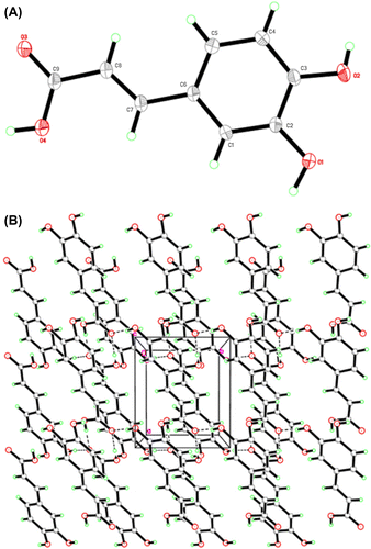 Figure 1. (A) The molecular structure of caffeic acid (CA) draw at 50% probability (B) shows the molecular packing.