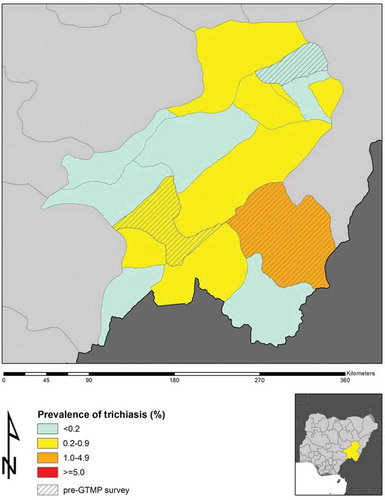 Figure 2. Prevalence of trichiasis in adults aged ≥15 years, by Local Government Area, Taraba State, Nigeria, Global Trachoma Mapping Project, 2013–2014.