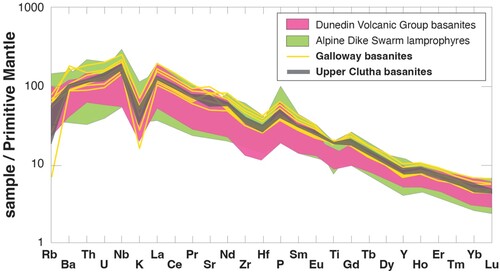 Figure 7. Primitive mantle-normalised diagram showing basanite cobbles compared to the Dunedin Volcanic Group (from Scott et al. Citation2020a) and the Alpine Dike Swarm (from Cooper Citation2020).