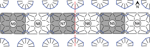 Figure 8. Wells cathedral north choir aisle vault plan with increased scale middle plans. An asymmetrical design is found at N6-N7.