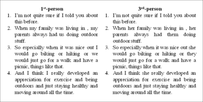 FIGURE 4 Example narrative dialogue showing the same story fragments in first-person and third-person conditions.