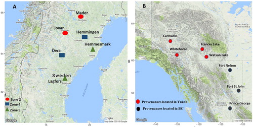 Figure 1. Locations of six lodgepole pine progeny trials (within three breeding zones) in northern Sweden (A) and their seed origins (provenances) distributed in Yukon and British Columbia (BC) in Western Canada (B).