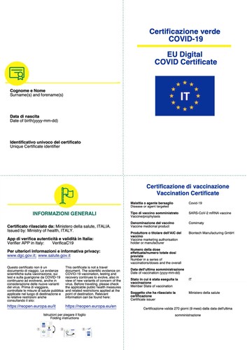 Figure 1. The ‘Green Pass’ (redacted paper version).