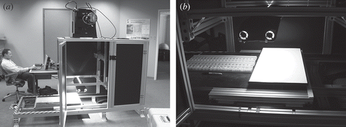 Figure 4. (a) ProSpecTIR-VS scanner in custom core scanning configuration; (b) scanning bed with rock chips and Spectralon panel.