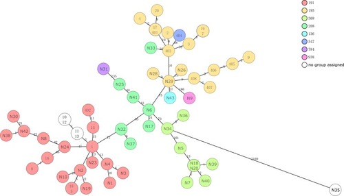 Figure 3 Minimum spanning tree based on cgMLST analysis. Each circle represents an allelic profile, i.e. genotype, based on sequence analysis of up to 2390 target genes. The numbers on the connecting lines illustrate the numbers of target genes with different alleles.