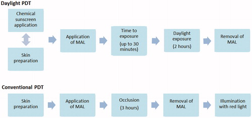 Figure 3. European consensus protocol for daylight photodynamic therapy (d-PDT) compared with protocol for conventional PDT (c-PDT). Adapted from (Citation11,Citation36).