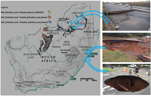 Figure 1. Dolomite land in South Africa. >95% of recorded sinkholes are found in the Gauteng Province (within which Johannesburg and Pretoria are located). Inserts: Infrastructural damage due to sinkholes. TOP-Subsidence on a Highway in Johannesburg. MIDDLE-Collapse sinkhole in Durban due to subsurface erosion from a leaking storm water drainpipe (swallowed the road and part of a nearby house). BOTTOM-Sinkhole on road in Durban due to broken sewer pipe. (Map courtesy of CGS, and images taken by V. Nhlapho Times Live 2021, e-NCA 2021, L. Walford 2019).