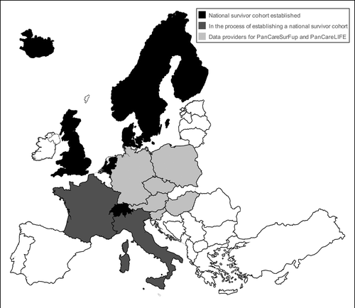 Figure 1. Countries in Europe with established national childhood cancer survivor cohorts (black), those in the process of establishing a national cohort (dark gray), as well as countries being data providers to the two European collaborative studies (light gray).
