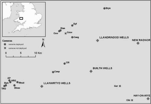 Figure 1. Map showing the location and abbreviated names of 16 study sites, and whether cameras were deployed on each site. AP and ARG are both part of the Allt Rhyd y Groes National Nature Reserve; bylc, TRG and Dinas are all part of the Dinas-Gwynfredd RSPB reserve; elan, cnw, crow and dyf are all part RSPB Elan Valley reserves; all other sites are privately owned.