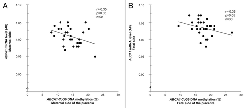 Figure 5. Functional impact of the ABCA1 DNA methylation level variability. Pearson’s correlations between ABCA1-CpG6 locus DNA methylation and mRNA levels on (A) the maternal side and (B) the fetal side of the placenta.