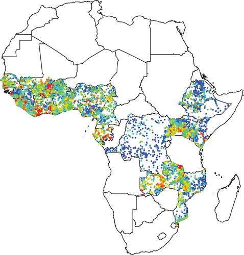 Figure 2. Values of ethfrac. Each point on the map corresponds to a rural cluster in the DHS. Dark blue points correspond to the lowest values of ethfrac, and dark red points correspond to the highest values.