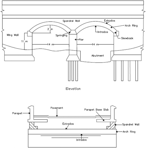Figure 4. Elevation and sectional view of the masonry bridge.