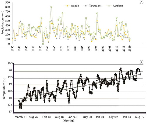 Figure 3. (a) Annual rainfall measured at the Taroudant, Aoulouz and Agadir measuring stations over an 80-year period (modified from Bouchaou et al. Citation2011); (b) seasonal variation of monthly temperature in Agadir showing an increasing temperature trend (modified from Bouchaou et al. Citation2011)