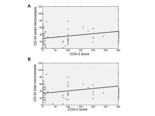 Figure 4. Positive correlation between COX-2 score and small microvessels (a), and between COX-2 score and total microvessels (b) (P < .05).