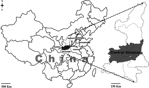 Fig. 1 Location of central Shaanxi (shadowed) in China and dispersal of Puccinia striiformis f. sp. tritici in China. The main area of winter wheat cultivation includes Shaanxi, Shanxi, Henan, Hebei and Shandong provinces. Solid black arrows indicate dispersal of urediniospores from southern Gansu to the main wheat-growing regions in autumn.