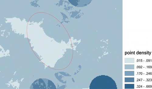 Figure 4.  Point density map of the study site. The red ellipse denotes the area of low point density.