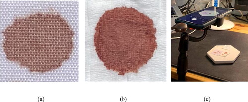 Figure 1. Photographs of bloodstains on (a) cotton cloth compared to (b) tissue paper, and (c) colorimetry setup.