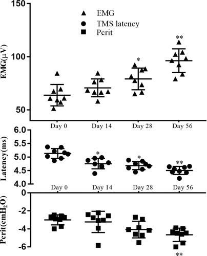 Figure 7 Comparison of variation tendency among TMS latencies (values at 40 min after training), EMG activity (values at 40 min after training), and theoretical Pcrit value in the TST group during training. **P<0.01, *P<0.05 compared to the values detected on day 0.