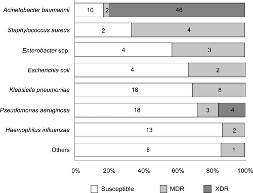 Figure 1 Percentage of drug susceptibility patterns for each organism.Notes: Numbers represent the number of patients; susceptible means susceptible to all antimicrobial agents in 6 patients infected with Stenotrophomonas spp. (2), Proteus mirabilis (1); Streptococcus pneumonia (1); Citrobaacter koseri (1) and Pasteurella spp. (1); and multidrug resistant in 1 patient infected with Enterococcus spp (1).Abbreviations: MDR, multidrug resistant; XDR, extensively drug resistant.