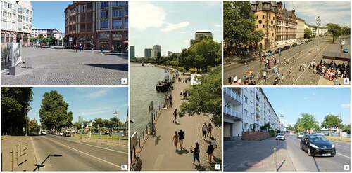 Figure 4. Different observation areas for studying mobility patterns of children i.e. on Römer plaza (a), Mainkai street (b and e), Main riverfront promenade (c), and crossing at Eiserner Steg (d)