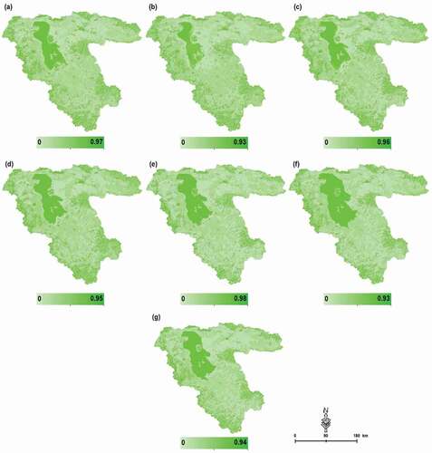 Figure 8. Fuzzy-OBIA-DL Spatial uncertainty assessment results for LULC maps based on the DST method: a) 2020, b) 2015, c) 2010, d) 2005, e) 2000, f) 1995 and g) 1990