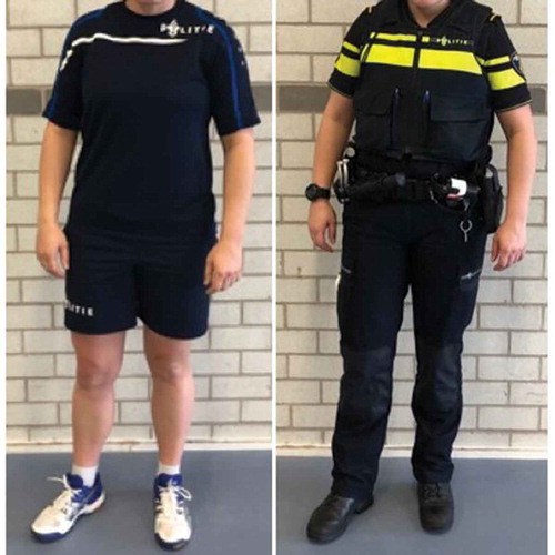 Figure 2. Female participant in sportswear (t-shirt, short pants, and athletic footwear) and police uniform (strengthened pants, armored shoes, safety vest and a belt with handcuffs). The loaded bluegun and pepper spray, which participants also wore in their belt during testing, are not displayed in this figure.