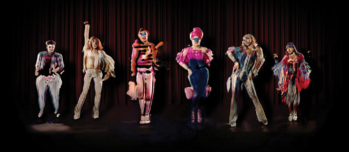 Image 7. Promotional image for The Zizi Show, showing a combination of different drag performers across six deepfake bodies. Image courtesy of Jake Elwes.