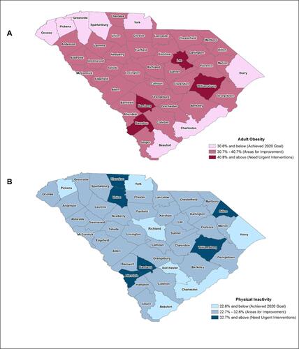 Figure 2 Geographic variation in (A) Obesity and (B) Physical Inactivity, in South Carolina's counties, 2012.