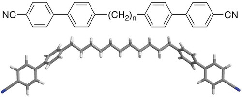Figure 14. (colour online) The molecular structures of 1,ω-di-(1″-cyanobiphenyl-4-yl)alkanes (CBnCBs) (top) and a minimised structure of CB11CB showing its bent molecular architecture (bottom).